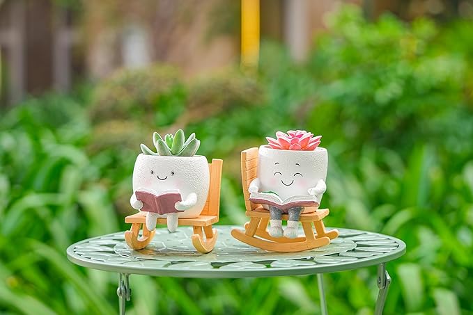 Rocking Chair Smiley Face Planter with Drainage Hole, Cute Plant Pots for Indoor Outdoor Plants,Unique Flower Pot for Succulents, Gift for Mother's Day, Birthday, Christmas(White)