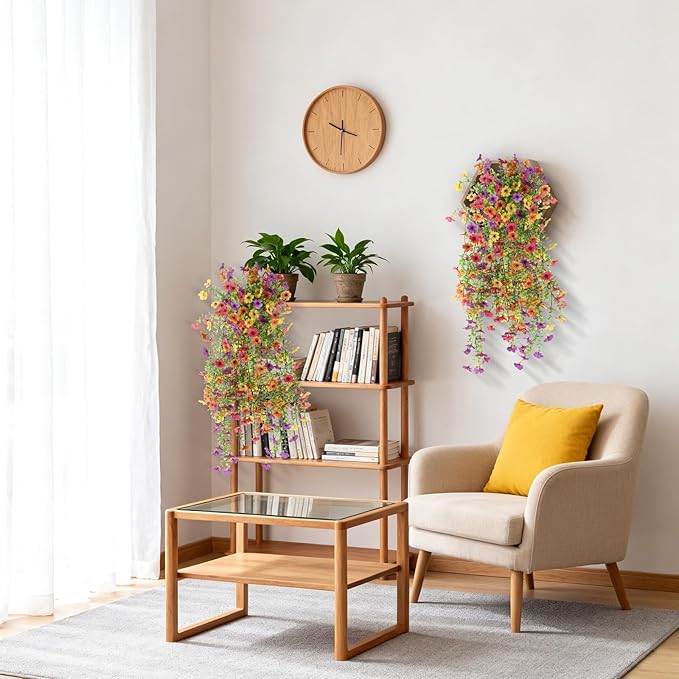 Hommyea Fake Artificial Hanging Flowers for Outdoors, 2 Pcs Fake Hanging Plant Spring Summer Decor, UV Resistant No Fade Faux Silk Daisy Flower for Front Door Porch Planter Patio Yard Garden