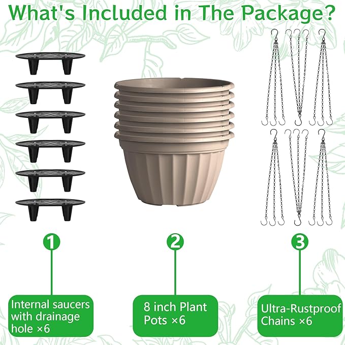 FGstyle 6 Pack Hanging Planters 8 Inch, Self Watering Pots for Indoor Plants, Plastic Hanging Basket with Soil Elevator and 20" Chain for Home Garden Porch Balcony Patio Decor (Beige)