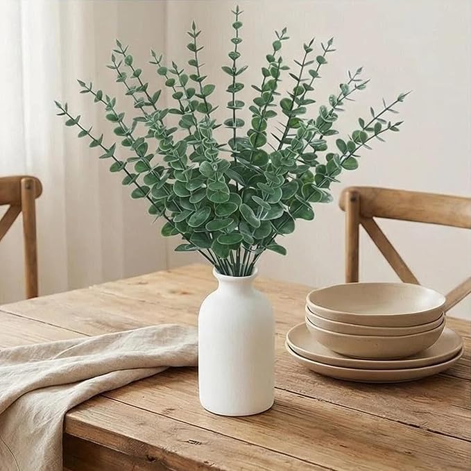 16" Artificial Eucalyptus Stems Potted Plant - Realistic Small Fake Desk Plants for Office Home Decor, Faux Plants in Frosted Ceramic Vase for Indoor Spaces, Wedding Centerpieces Table Decor(20 pcs)