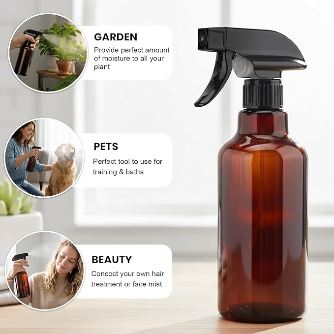 Glass Spray Bottles 16.9oz Empty Spray Bottle Mist/Stream Spraying Small Refillable Containers for Hair Care, Cleaning Solutions, Plants, Essential Oils 2 Pack (Brown, 16.9oz)