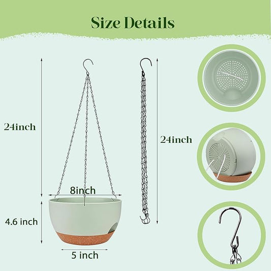 Set of 2-8 Inch Self Watering Hanging Planters for Indoor Outdoor,Hanging Plant Pots with Drainage & Removable Tray, Hanging Pots Holder for Ivy, Pothos, Ferns, Balcony & Patio, Green Brown