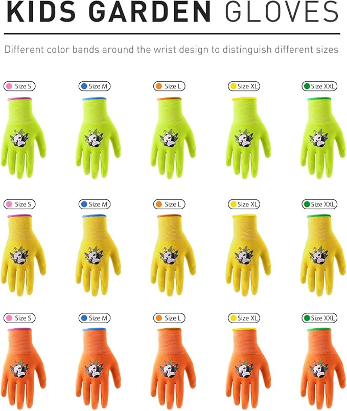 HANDLANDY 3 Pairs Kids Gardening Gloves Latex Free, Nitrile Coated Children Toddler Garden Yard Outdoor Playing Gloves for Little Girls Boys (Size L)