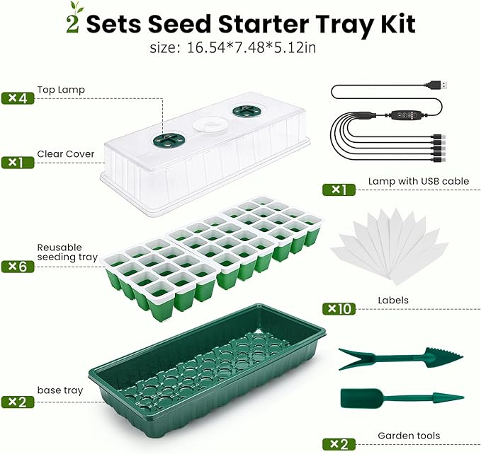 Pattiumo 2 Packs Seed Starter Tray with Grow Lights, 72 Cells Silicone Seed Starter Kits with Humidity Dome, 3 Lights for Seed Starting, 4 Timing Set, 8 Full Spectrum Germination Kit for Plant Seeds