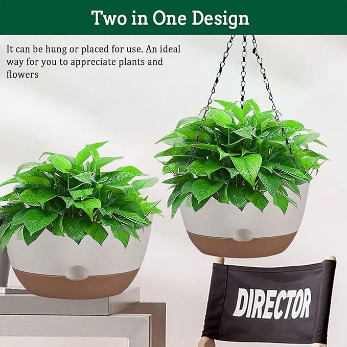 Koalaime 2 Pack Hanging Planters Set,10 Inch Indoor Outdoor Hanging Plant Pot Basket,Hanging Flower Pot with Drainage Hole with 3 Hooks for Garden Home(Purple Hanger White Planters)