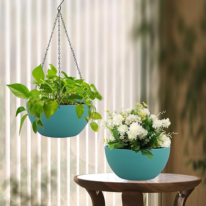 Meowell 12 inch Large Hanging Planters for Indoor Outdoor Plants, 2 Pack Hanging Flower Plant Pots with Drainage Holes and Chain for Garden Porch, Plastic Hanging Baskets for House Plants, Blue Green