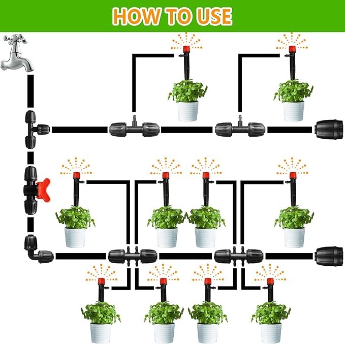 Drip Irrigation Fittings Kit for 1/2 Inch Drip Tubing, 20 Pieces Set 1/2'' Drip Line Anti-Drop Barbed Locked Nut Connectors - 4 Tees 4 End Caps 3 Valves 2 Elbows 7 Reducing Tee Connectors