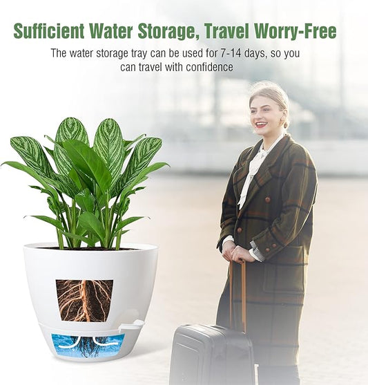 WOUSIWER 10 inch Self Watering Planters, 2 Pack Large Plastic Plant Pots with Deep Reservior and High Drainage Holes for Indoor Outdoor Plants and Flowers, White
