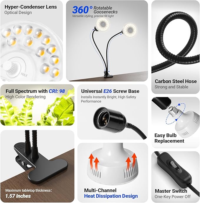 Barrina Orbgrow OG11A2 Clip On Grow Lights for Indoor Plants, Integrated Stepless Dimming & Timing, 4000K 22W(2 x 11W, 200 Watt Equiv), Full Spectrum 2-Gooseneck with E26 Plant Light Bulbs