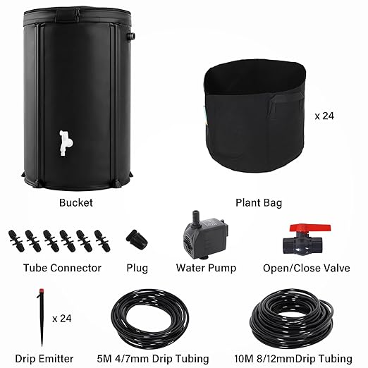 Auto Drip Irrigation System Kits, with 26 Gallon Bucket, 25W Water Pump, 24 Drip Emitters, 24 Planting Bags for Indoor and Outdoor Automatic Watering System for Grow Tent, Greenhouse, Lawn