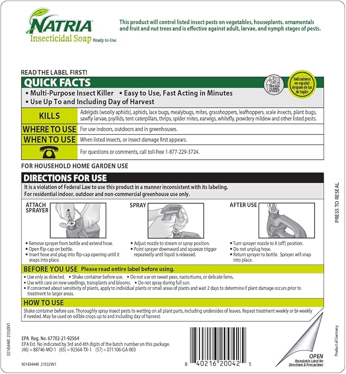 NATRIA Insecticidal Soap, Ready-to-Use Garden Bug Treatment, Insect Killer for Indoor and Outdoor Plants, 1 Gallon