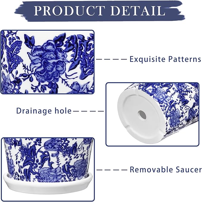 Set of 3 Decorative Plant Pots Blue and White Flower Pot, Round Ceramic Planters for Indoor Plants Pots with Drainage Hole Saucers, Retro Planter Pot for Succulents Cactus Outdoor Garden, 5.9 Inch