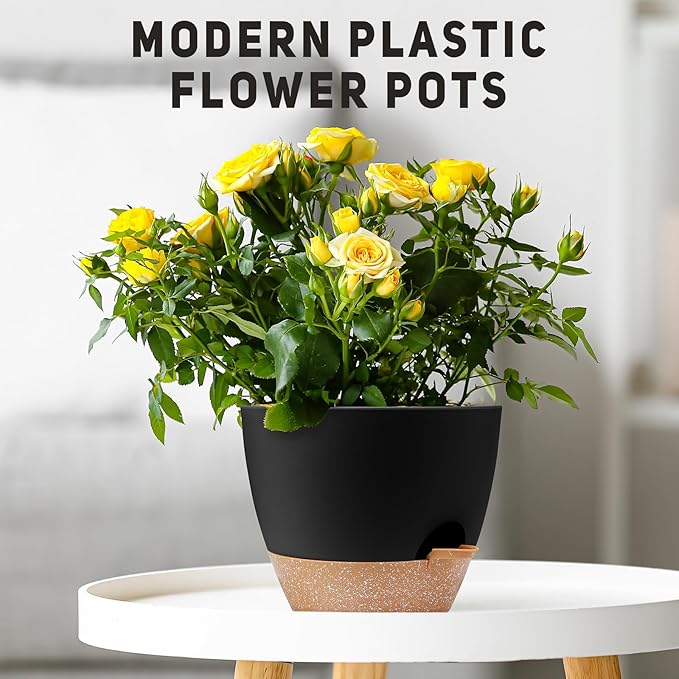 YNNICO 12 inch Large Self Watering Plant Pots, Flower Pots Planters with Multi Mesh Drainage Holes for Indoor Outdoor Garden Plants and Flowers.(Black)