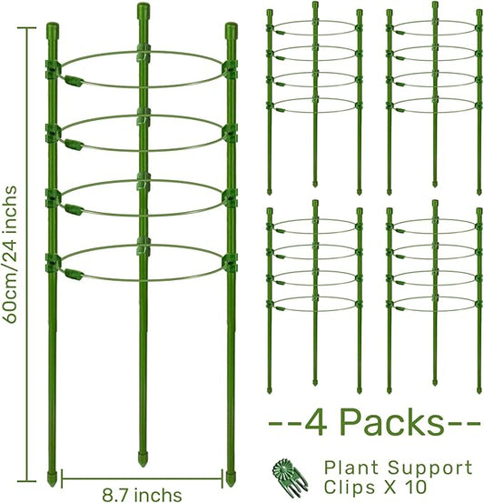 Legigo 4 Pack 24 Inch Plant Support Cages Tomato Cage for Garden- Plant Cages Adjustable Rings, Tomato Plant Support Stakes Trellis for Pots, Peppers, Cucumbers and Flowers with 10 Plant Clips