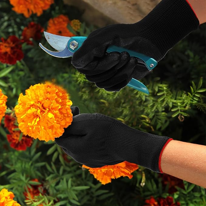 Lawei 48 Pairs Gardening Gloves for Men Women, 9 Inch Rubber Coated Safety Work Gloves Bulk, Breathable Reusable Garden Gloves for Weeding, Digging, Raking, Pruning and Construction, Black and Red