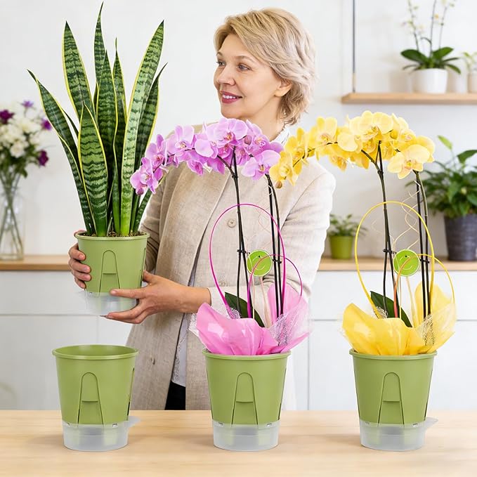 Plant Pots 6 inch Set of 5, Self Watering Pots for Indoor Outdoor, Upgraded Water Inlet Self Watering Planters Flower Pots with Drainage Hole and Clear Saucer Reservoir (Green)