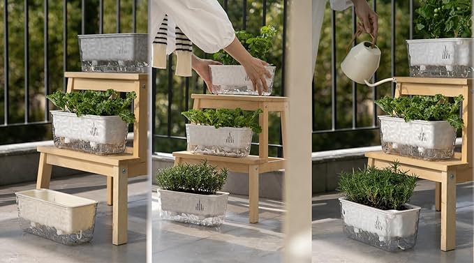 3 Pack Self Watering Rectangular Plant Pots, 11" x 5"x 5" Plant Containers with Drainage Holes, Rectangle Houseplant Window Planters for Succulents, Flowers,Herbs,Vegetables (White)