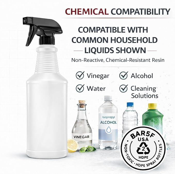Bar5F Chemical-Resistant Spray Bottle – BPA-Free, Durable, Adjustable Nozzle for Cleaning, Gardening, Hydrogen Peroxide, Rubbing Alcohol, Leak-Proof, Multipurpose (Black (2-Pack) 24-Ounce)