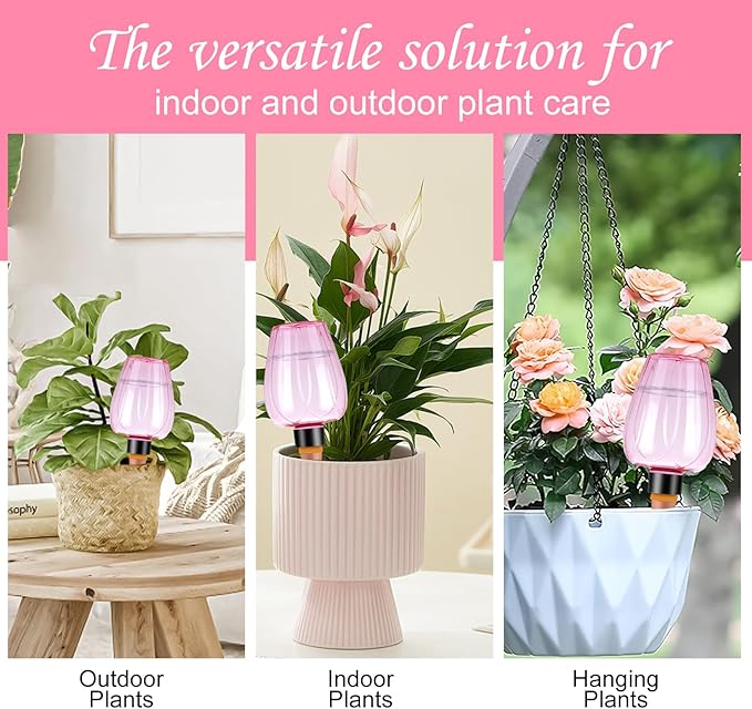 4 Pcs Plant Watering Globes Self Watering Planter Insert Plants Top Fill Water Device Plastic Water Bulbs Slow Release Terracotta for Plants, Pink