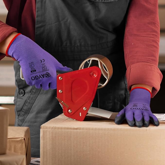 KAYGO Work Gloves for Men and Women,12 Pairs Seamless Knit PU Coated Safety Gloves, with Smooth Grip on Palm and Fingers, Ideal for Light Warehouse, Manufacturing, Gardening, KG11P (M, Purple)