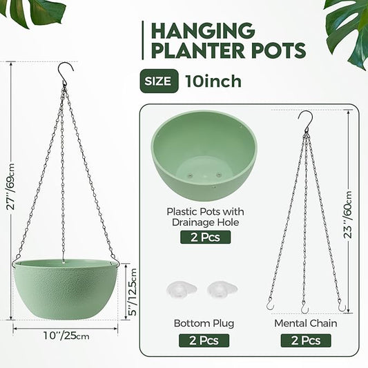 T4U 10 Inch Hanging Planters for Indoor Outdoor Plants, 2 Pack Plastic Hanging Planter, Indoor Hanging Plant Pots, Hanging Basket with Drainage Holes, Flower Pots for Garden Home Decor,Green