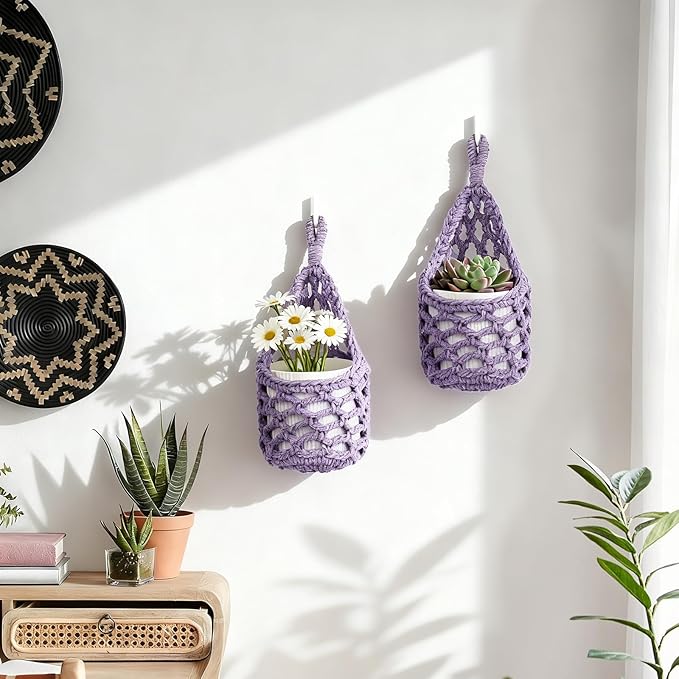Macrame Wall Plant Hanger, Hanging Planter Basket Holder, Wall Planters for Indoor Plants, for Up to 4 Inch Pot (Purple, 4-Inch)