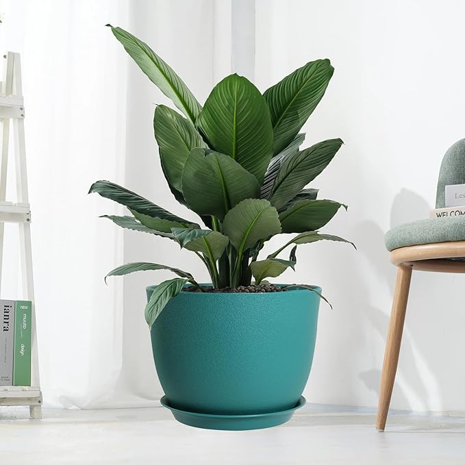 UOUZ 12/10/9 Large Modern Plant Pots, Plastic Planters with Drainage Holes and Saucers for Indoor Outdoor Plants Flowers, Malachite Green
