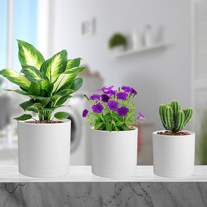 Meowell 7/6.5/6/5/4 inch Flower Pots, 5 Pack Cylinder Plant Pots for Small Indoor Outdoor Plants, Plastic Planters with Drainage Holes and Saucers for Garden Succulent Nursery House Plants, White