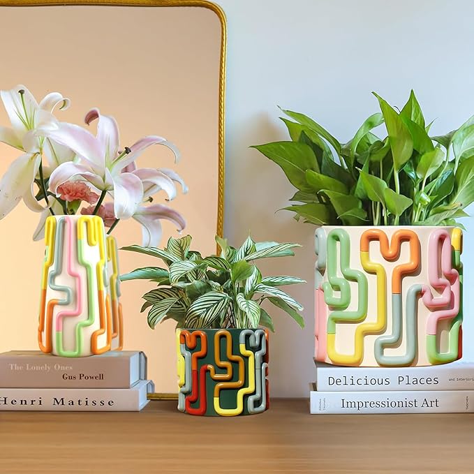 GUGUGO Colorful Squiggle Lines Planters Cute Unique Rainbow Planter with Drainage, Vintage Retro Flower Plant pots for Indoor Plants, Eclectic Succulent Gardening Pot for Boho Modern Décor, Green