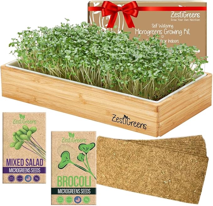 ZESTIGREENS Organic Self-Watering Microgreens Growing Kit – Reusable Indoor Grow Tray with Organic Seeds, Grow Mats & Bamboo Frame – Easy No-Soil Microgreens Starter Kit (Broccoli & Salad Mix)