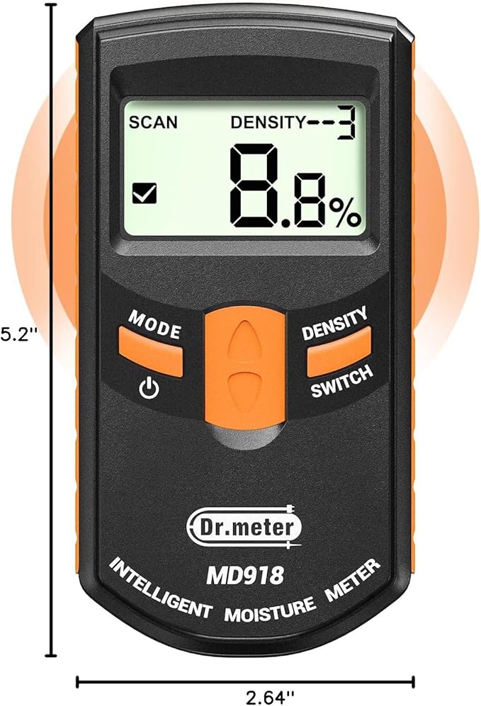 Dr.meter Pinless Wood Moisture Meter, Non-Destructive Moisture Detector for Wood Firewood, 4%-80% Measuring Range Digital Sensor Scanner (MD918)