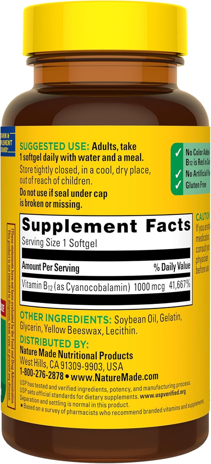 Nature Made Vitamin B12 1000 mcg, Dietary Supplement for Energy Metabolism Support, B12 Vitamins 1000 mcg, 150 Softgels, 150 Day Supply