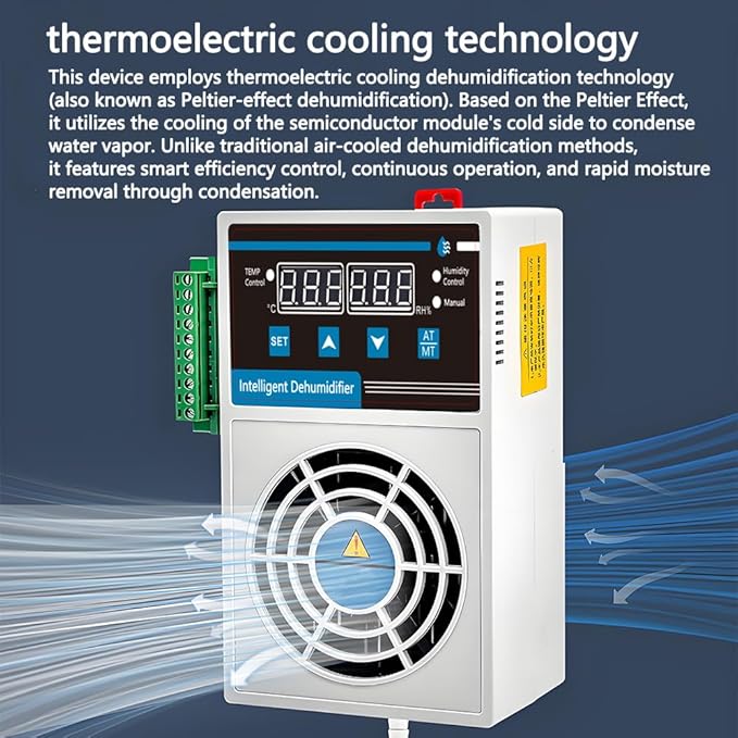 Grow Tent Dehumidifier, Smart Temp and Humidity Controller with External Heating or Cooling Interface, Auto Dehumidification Kit for Safes/Cabinets/Electric Box/Closets, AC/DC 85-265V, Auto Shut Off