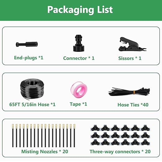 65FT 5/16 Inch Drip Irrigation System for Garden, 2025-Upgrade High-Flow Garden Watering Kit with 20 Adjustable Copper Nozzles, Even Water Distribution for Lawn & Greenhouse