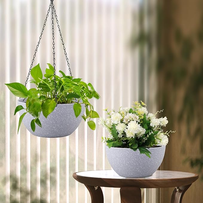 Meowell 12 inch Large Hanging Planters for Indoor Outdoor Plants, 2 Pack Hanging Flower Pots with Drainage Holes and Chain for Garden Porch, Plastic Hanging Baskets for House Plants, Speckled Grey