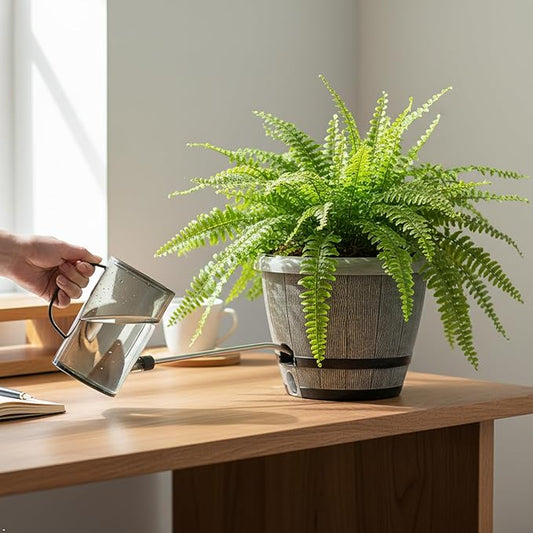 Sun-E Whiskey Barrel Self Watering Planters 10 Inch 3Pack with Water Level Window, Drainage Holes, Saucers & Plant Tags-Gray Imitation Wood Grain Pots for House Plants,Plants&Decor Not Included