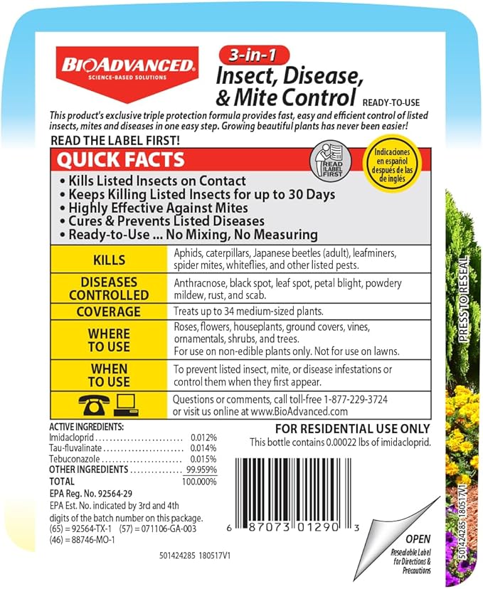 BioAdvanced 3-In-1 Insect, Disease and Mite Control, Ready-to-Use, 24 oz, Plant Bug Spray, Fungicide for Plants and Trees
