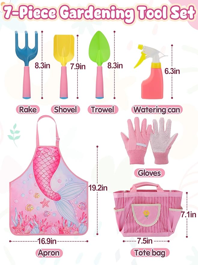 Kids Gardening Tool Set - Garden Tools for Kids with Shovel Trowel Rake Apron Gloves Watering Can and Tote Bag, Outdoor Toys Great Gifts for 3 4 5 6 7 8+ Years Old Girls (Downward Mermaid Tail)