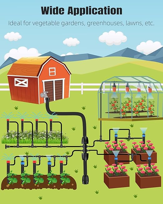 Pawfly Drip Irrigation System for Garden, 240FT Drip Irrigation Kit with 1/2" & 1/4" Tubing Adjustable Emitters Fittings and Accessories, Garden Watering System for Garden Greenhouse Lawn Yard