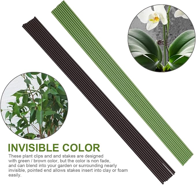 10Pcs Plant Support Stakes with 15 Pcs Plant Clips, Plant Sticks for Indoor and Outdoor Plants, Orchid Clips and Stakes,16inch Tall Bendable Single Stem Flower Stakes Bendable (10, Green-16inch)