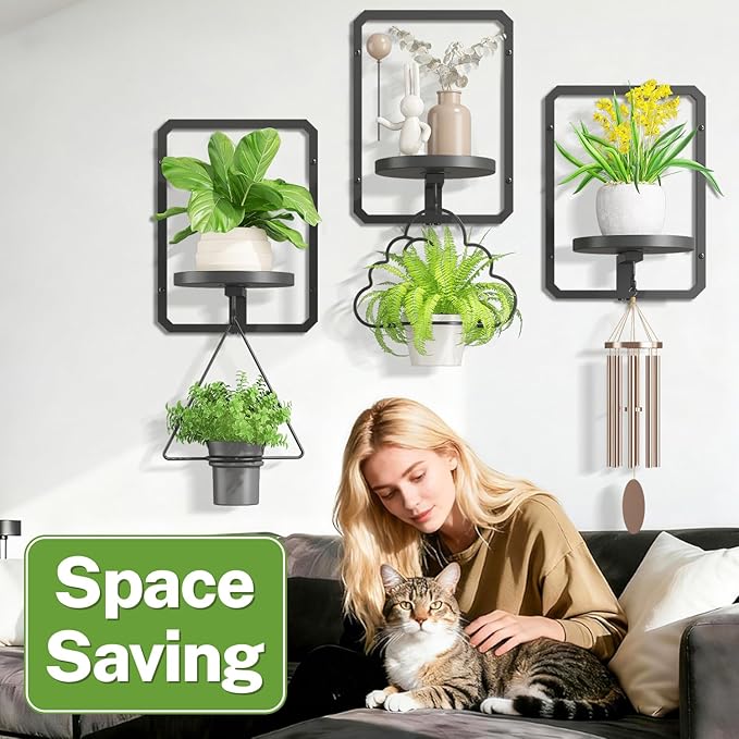 iDavosic.ly Wall Plant Picture Frame Holder Set of 3 for Indoor, Metal Stand with Hanging Hooks, Floating Flower Display Decor, Space Saving & Easy to Assemble (Pots/Chains/Plants Not Included)