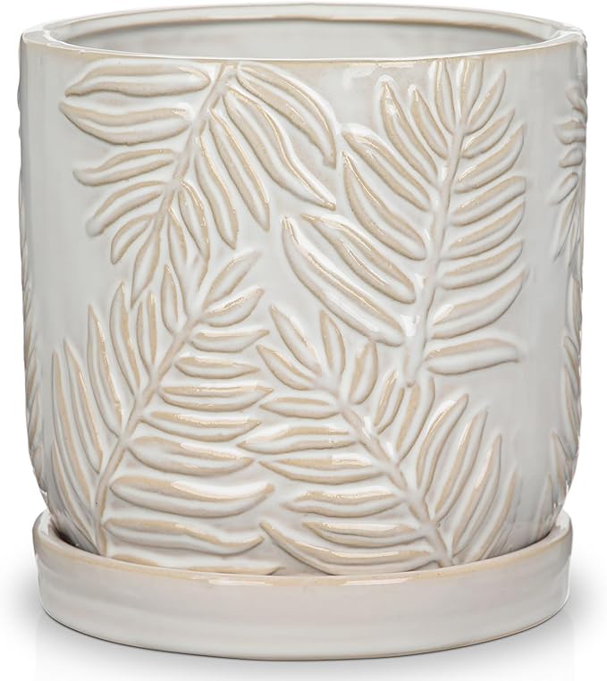 GnFlus 5.5 Inch Ceramic Planter Pots with Drainage Holes, Saucers for Indoor-Outdoor Plants, Succulent Orchid Flower Large Round Plant Pot Lvory White