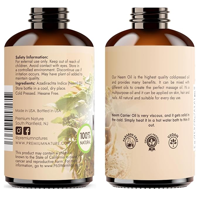 Premium Nature Organic Neem Oil for Skin and Hair Need Oil 100% Pure Cold Pressed for Essential Oil Mixing Neem Oils for Plants Neem Cake Massage Oil Neems Spray for Indoor Plants 4 oz