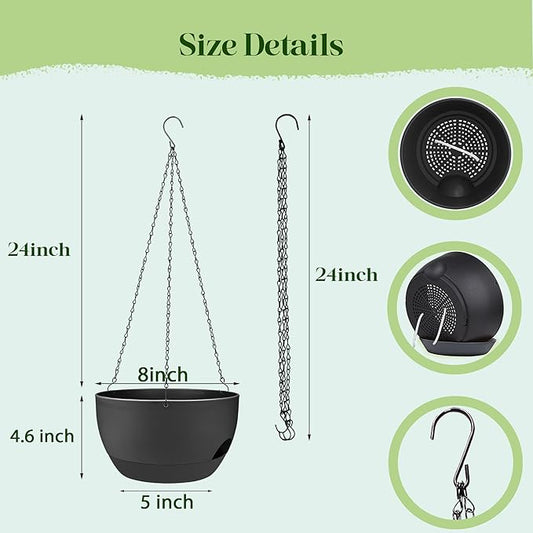 Set of 4-8 Inch Self Watering Hanging Planters for Indoor Outdoor,Hanging Plant Pots with Drainage & Removable Tray, Hanging Pots Holder for Ivy, Pothos, Ferns, Balcony & Patio, Black