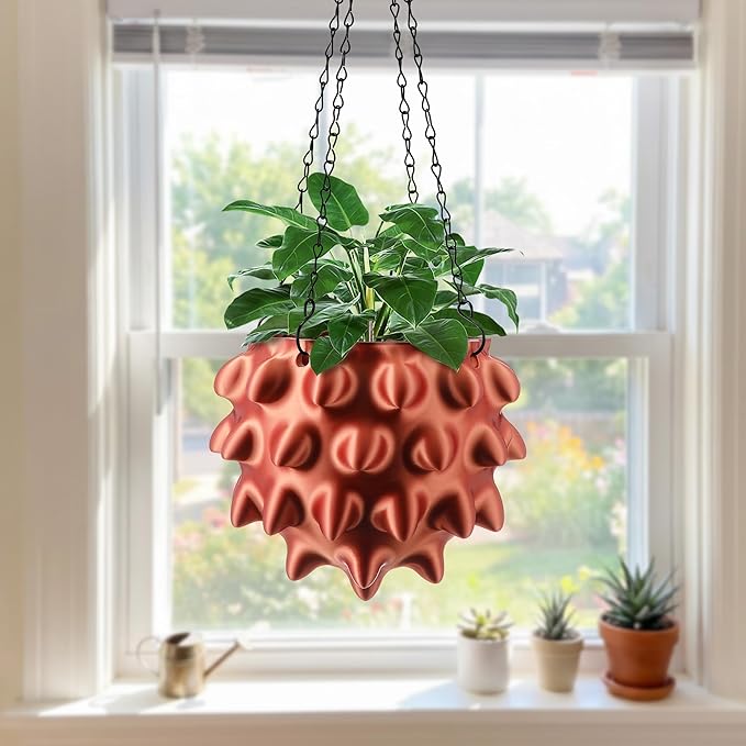 Enhon 7 Inch Hanging Planters for Indoor Plants, Unique Hanging Pots for Plants with Drainage and Hanger Baskets Hangers, Spiked Orb Plant Hanger, Silky Copper Finish