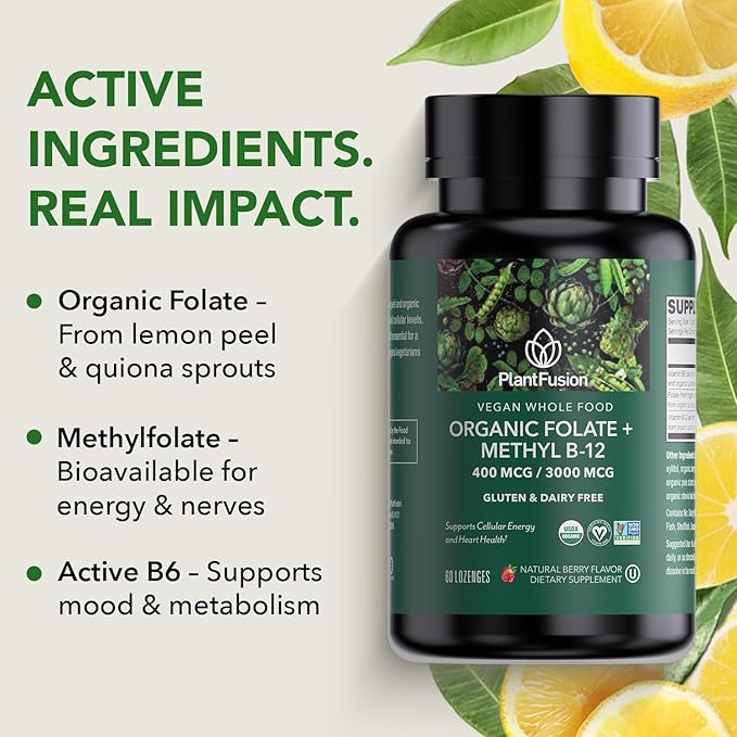 PlantFusion Organic Methylated Vitamin B Complex – Vegan B12 3000mcg, Folate 680mcg DFE, B6 from Organic Sprouts – Berry-Flavored Lozenges – 60 Count
