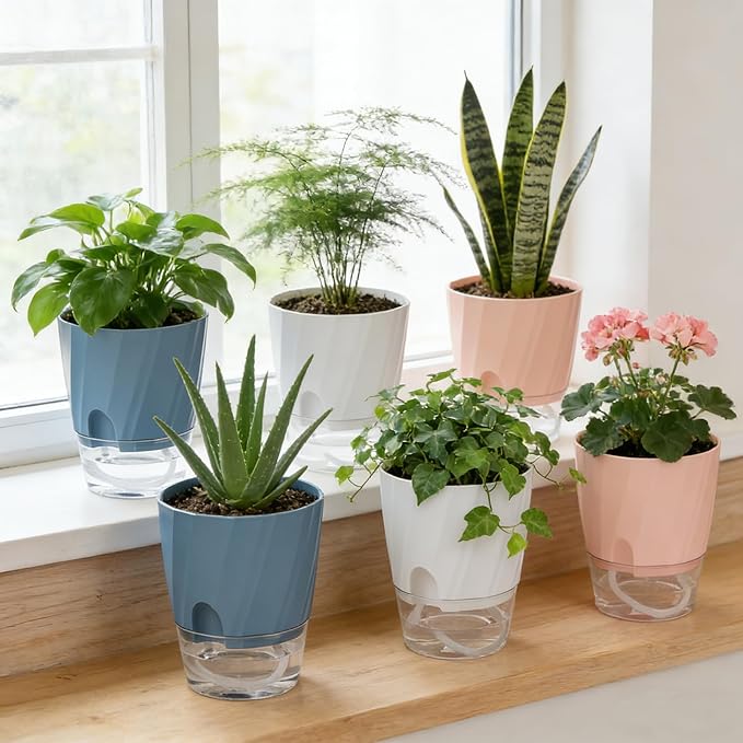 KIMCHOMERSE Self Watering Plant Pots 4.7 Inch, 6 Pack Indoor Planters with Drainage Holes & Saucers, Decorative Flower Pots for Home Office Decor (2 White, 2 Pink, 2 Blue)