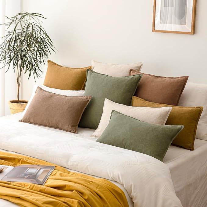 Foindtower Pack of 2, Decorative Linen Soild Throw Pillow Covers Soft Accent Cushion Case Boho Farmhouse Pillowcase for Chair Couch Sofa Bedroom Living Room Home Decor 24 x 24 Inch Light Khaki Brown