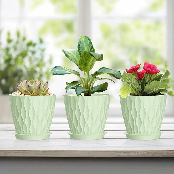 UOUZ 12 Pack 4 Inch Small Plant Pots with Saucers, Waffle Texture Plastic Planters with Drainage Holes for Indoor and Outdoor Plants, Flowers, Herbs, Succulents, and Seedlings, Green