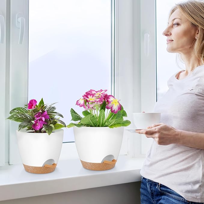 QRRICA Plant Pots 8/7/6.5/6/5.5/5 Inch Self Watering Pots, Set of 6 Plastic Planters with Drainage Holes and Saucers,Plastic Flower Pots,Nursery Planting Pot for Indoor Out Door Plants(White)
